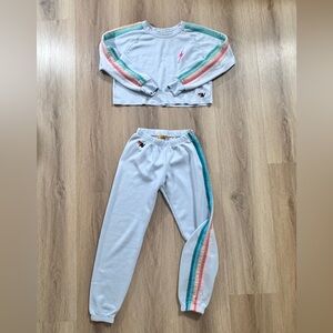 Rare Aviator Nation pastel 5 stripe cropped crewneck and sweatpants set.